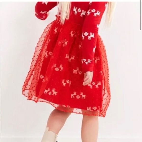 Hanna Andersson Dress Girls 3T 90 cm Reindeer Tulle Skirt Christmas Red White - Picture 2 of 7